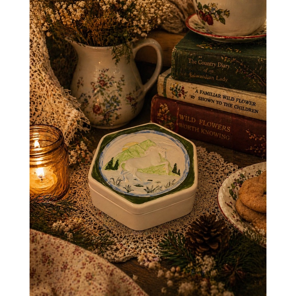Vintage 1984 Ila Gene Moss Signed Ceramic Unicorn Trinket Box‎ Hexagon 4.5"